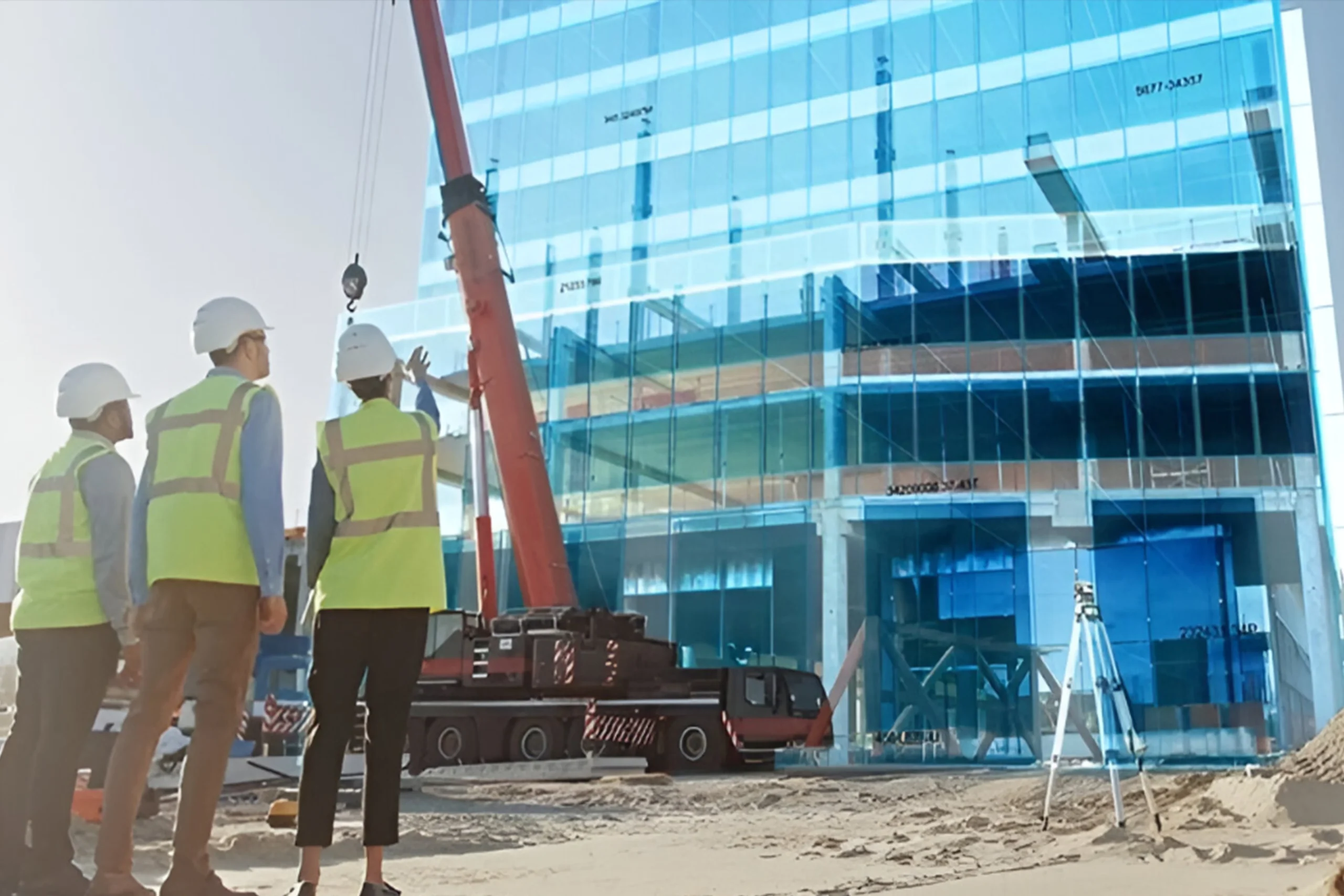 a group of people in safety vests and helmets looking at a building